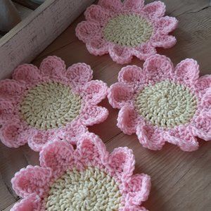 daisy handmade crochet coaster set of 4 spring flower pink & yellow